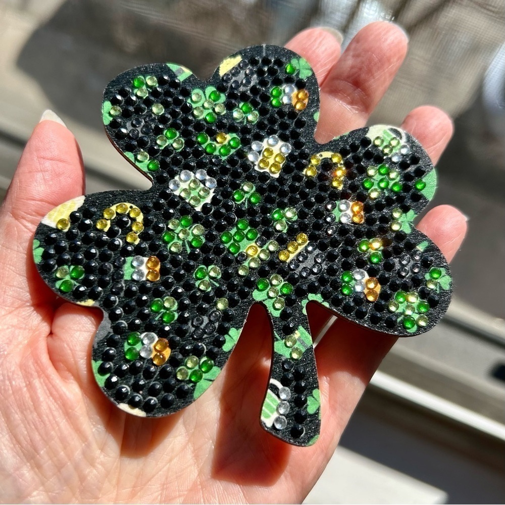 2/$16 - No. 03 - Sparkly, Diamond Art Shamrock Clover Holiday Coaster, Black